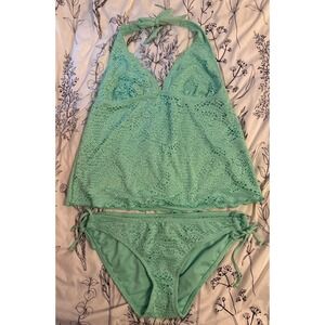 Mossimo Green Crochet Halter Tie Tankini‎ 2pc Women's Swimsuit, Large